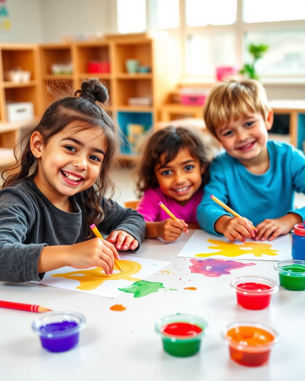 Children painting during art class